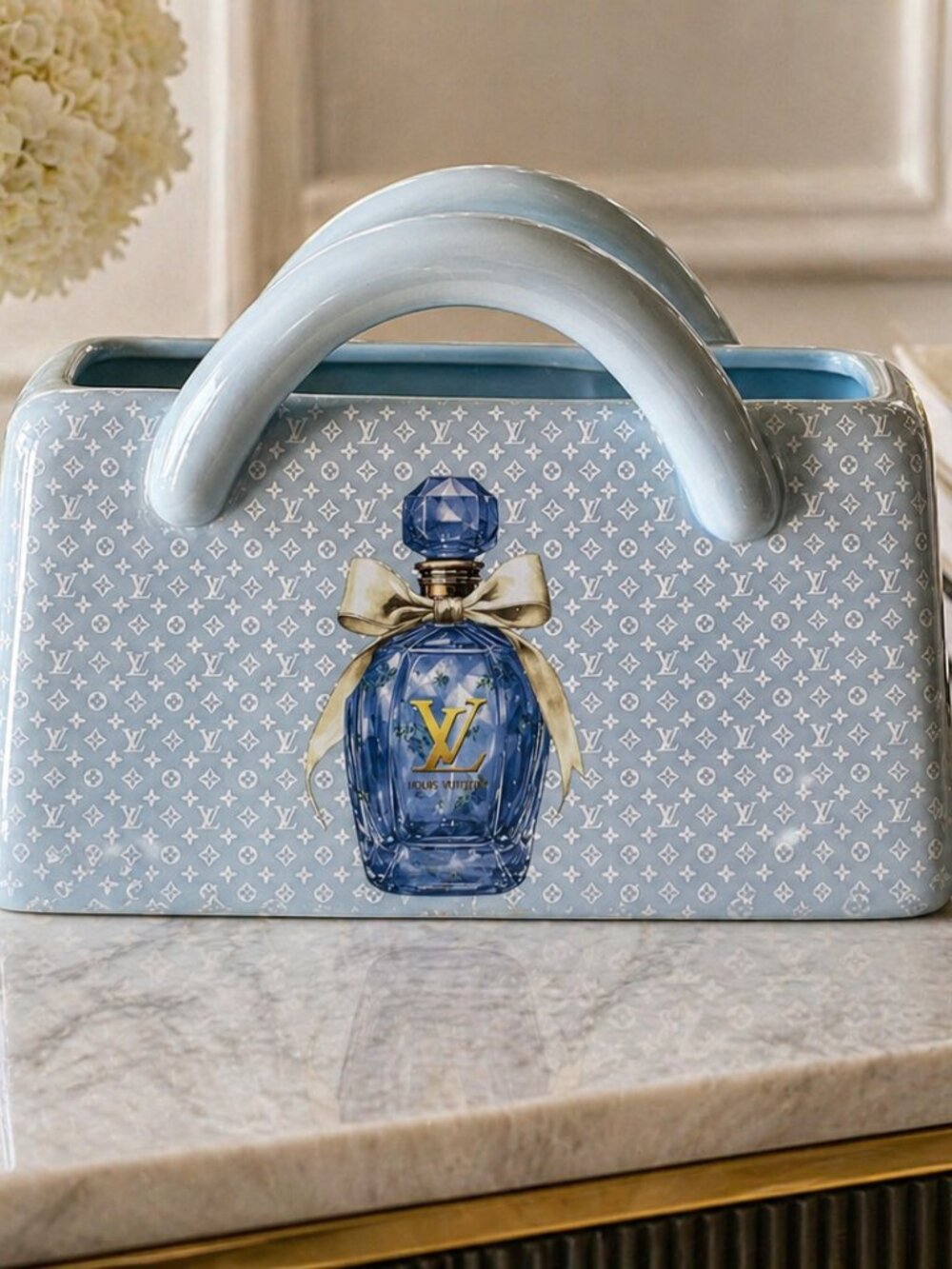 Blue Ceramic Handbag Shaped Vase Luxury Fashion Designer Inspired Perfume Glam
